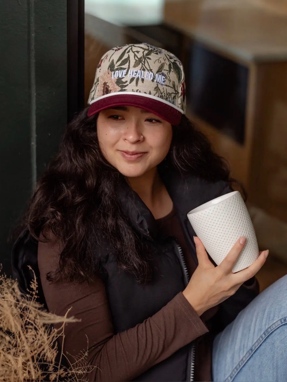 Trucker Cap with Embroidered "Love Healed Me" - Beige & Burgundy